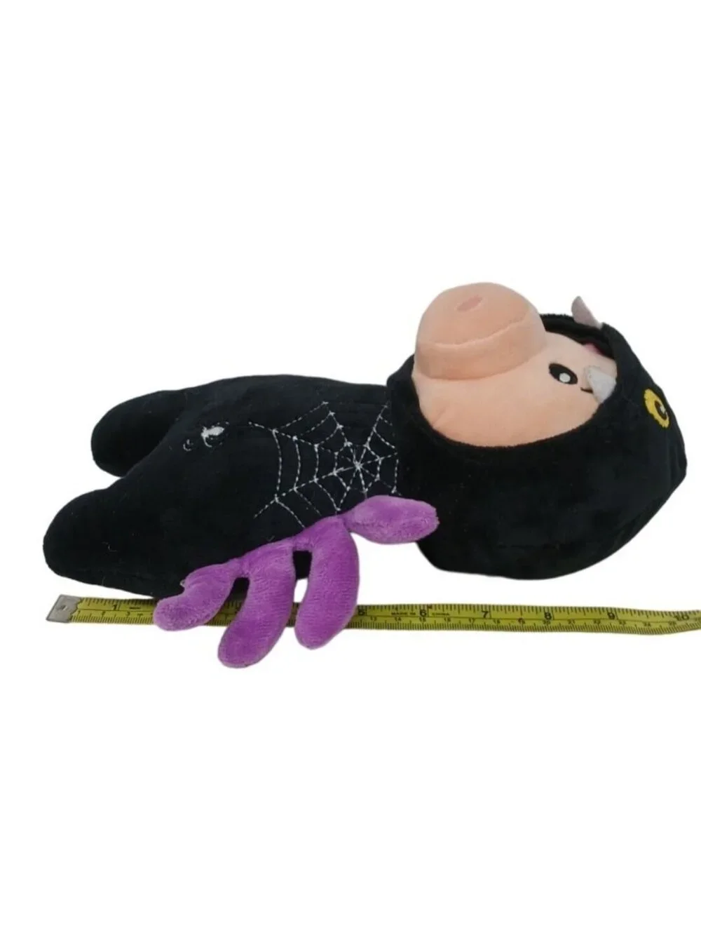 Plush Pig Toy In Spider Costume With Web Embroidery Purple Legs Hood 10